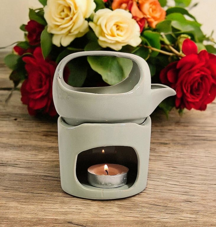 Sage Green Oil Burner with Removable Top - Elegant Home Decor Wax Melt Warmer