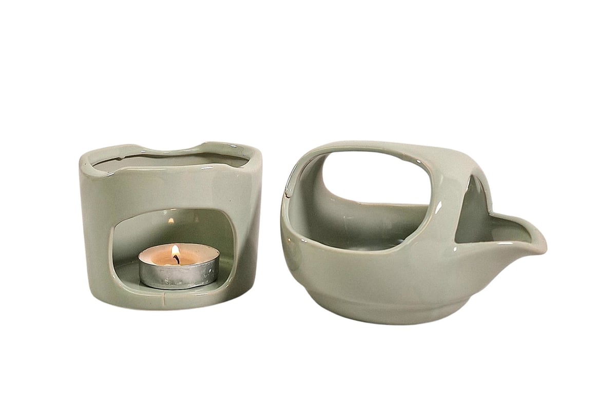 Sage Green Oil Burner with Removable Top - Elegant Home Decor Wax Melt Warmer