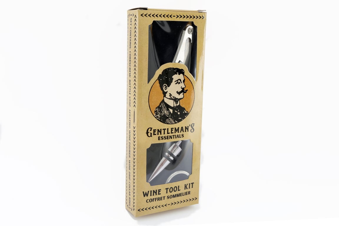Gentleman s Wine Tool Kit - 4-Piece Silver Corkscrew Set with Aeration Tool and Bottle Stopper