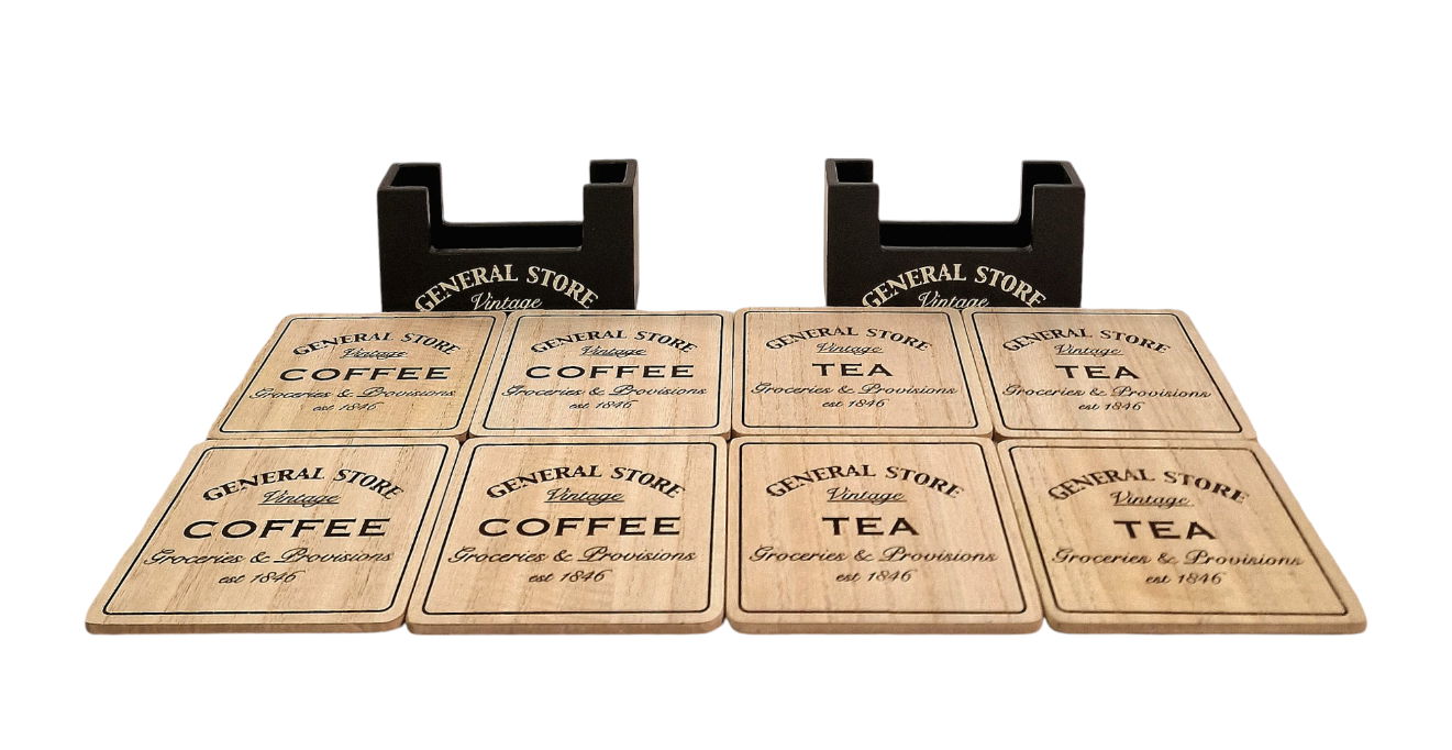 General Store 16-Piece Wooden Coaster Set - 4 Types, Home Decor Essentials
