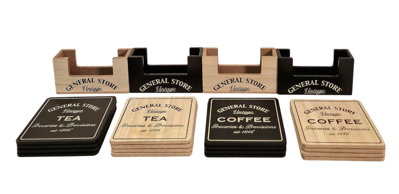 General Store 16-Piece Wooden Coaster Set - 4 Types, Home Decor Essentials