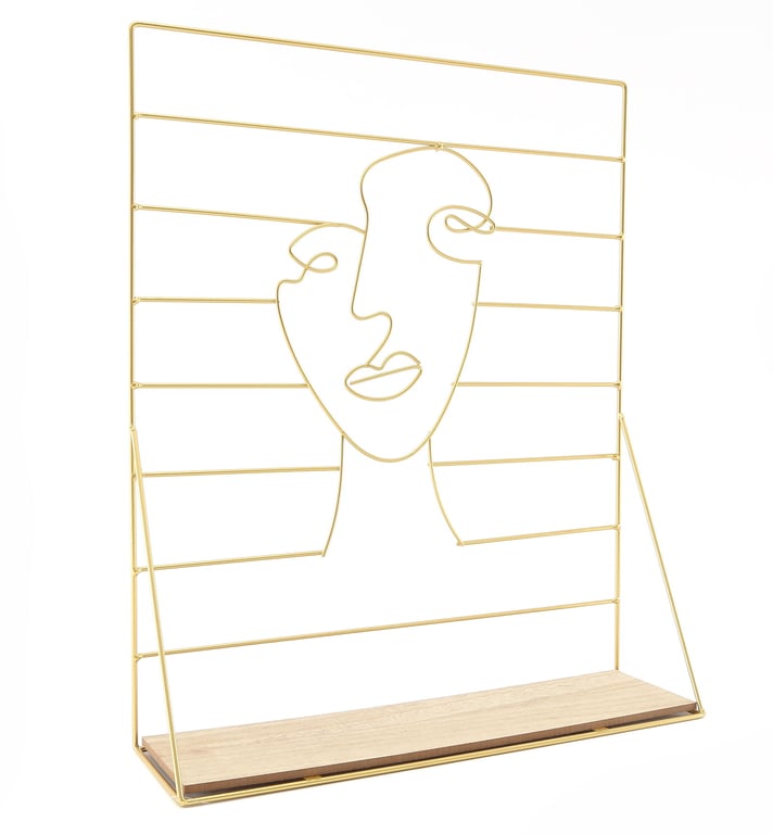 Gold Wire Face Jewellery Hanger - Abstract Wooden Shelf Stand for Home Decor and Dressing Table Accessory