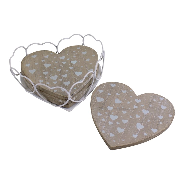 Heart Shaped Coasters Set with Iron Wire Holder - MDF Construction for Home Decor