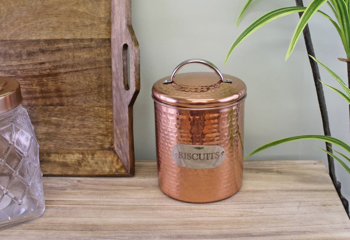 Hammered Copper Effect Biscuit Tin - Airtight Stainless Steel Storage Container 17x14cm