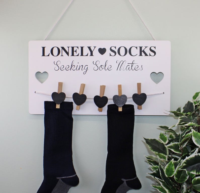 Hanging Lonely Sock Plaque - MDF Decor with Wooden Pegs and Cotton Rope