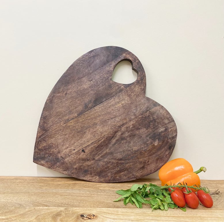 Heart Shaped Rustic Wooden Chopping Board 40cm - Dark Stained Natural Wood Cutting Board