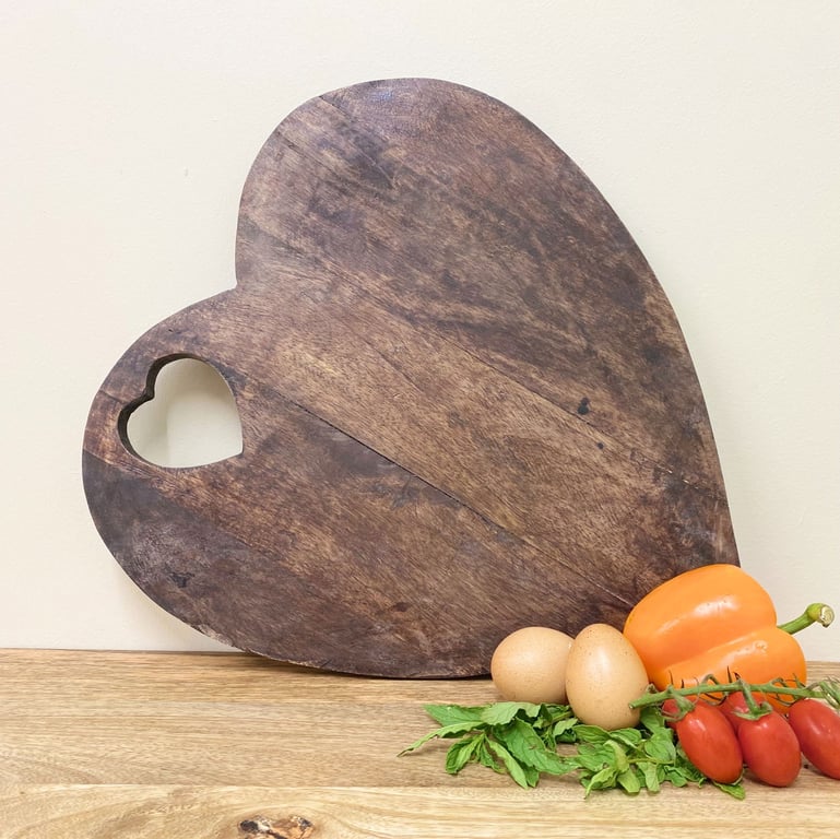 Heart Shaped Rustic Wooden Chopping Board 40cm - Dark Stained Natural Wood Cutting Board