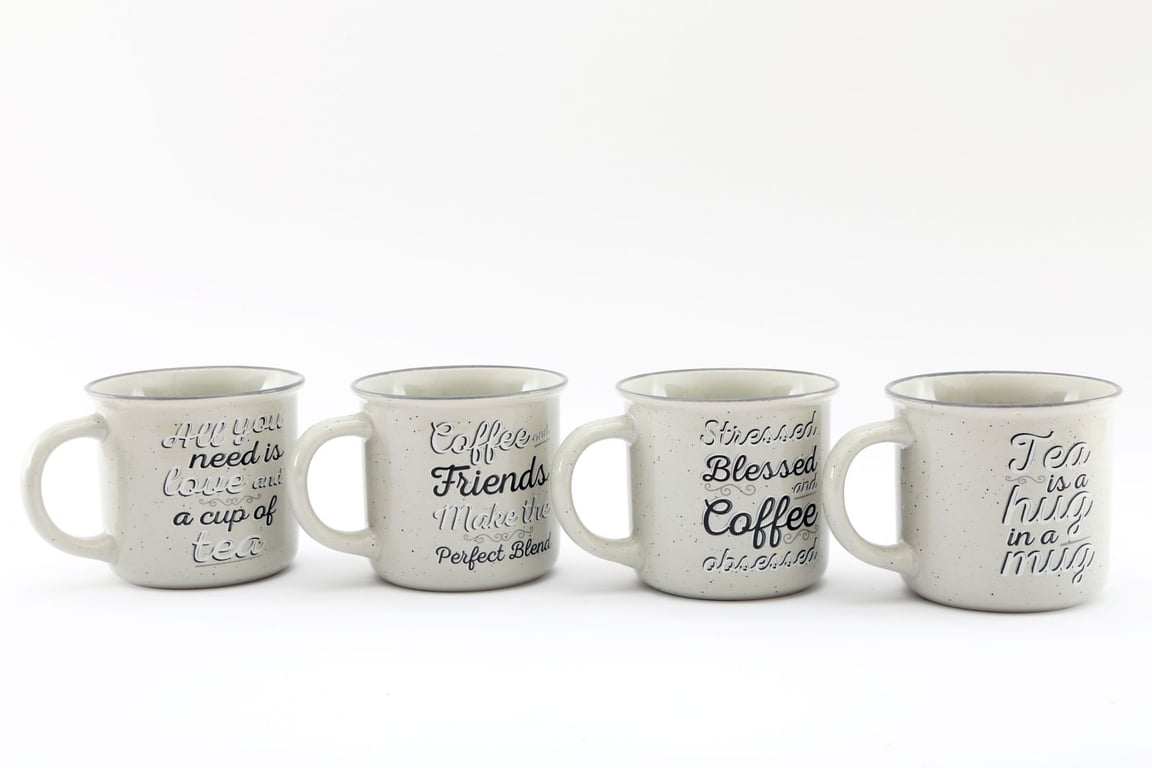 Antique Grey Slogan Mug Set - 4x Glazed Mugs (400ml Capacity)