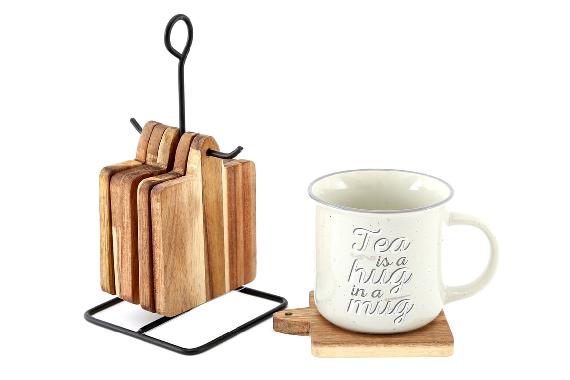 Acacia Wood Coasters Set with Rustic Metal Stand - 6 Piece Wooden Home Decor
