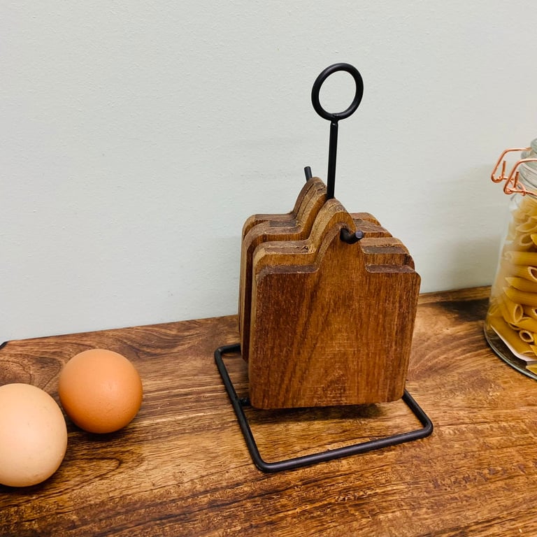 Acacia Wood Coasters Set with Rustic Metal Stand - 6 Piece Wooden Home Decor