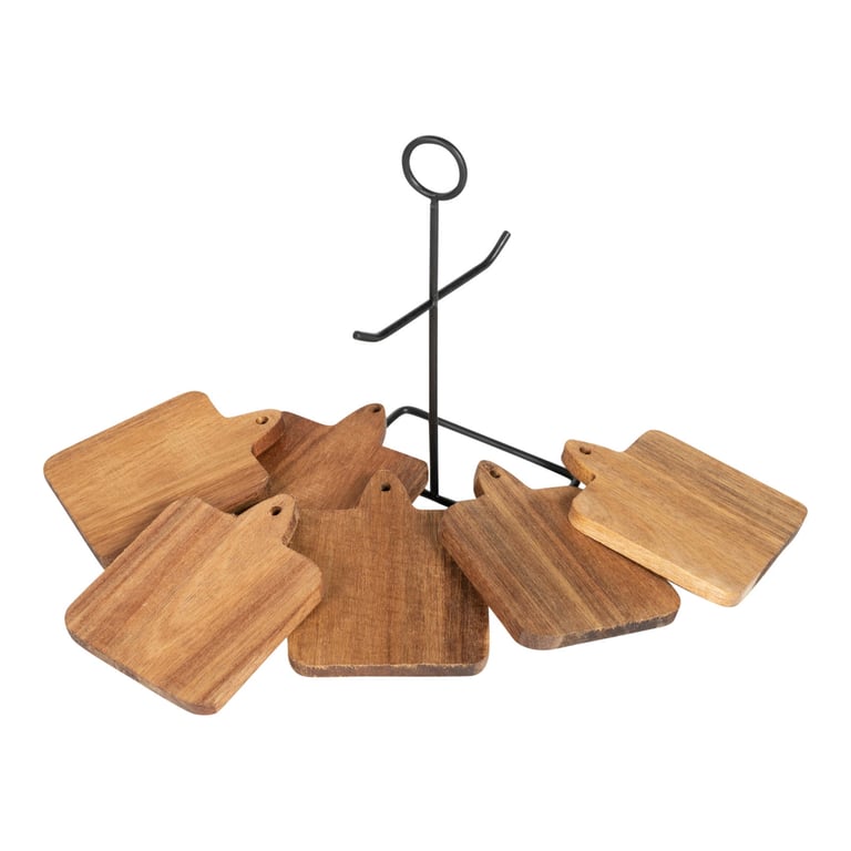 Acacia Wood Coasters Set with Rustic Metal Stand - 6 Piece Wooden Home Decor