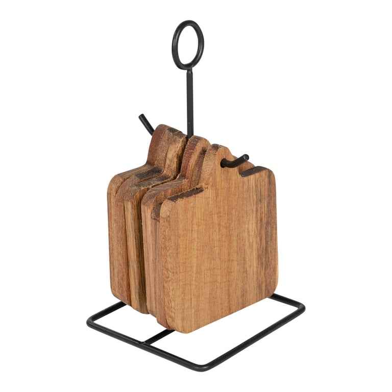 Acacia Wood Coasters Set with Rustic Metal Stand - 6 Piece Wooden Home Decor