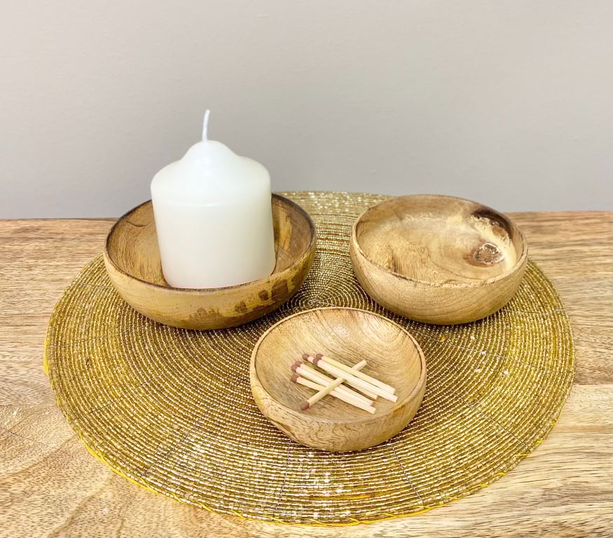 Mango Wood Round Bowls Three Piece Set - Nesting Kitchenware Home Decor