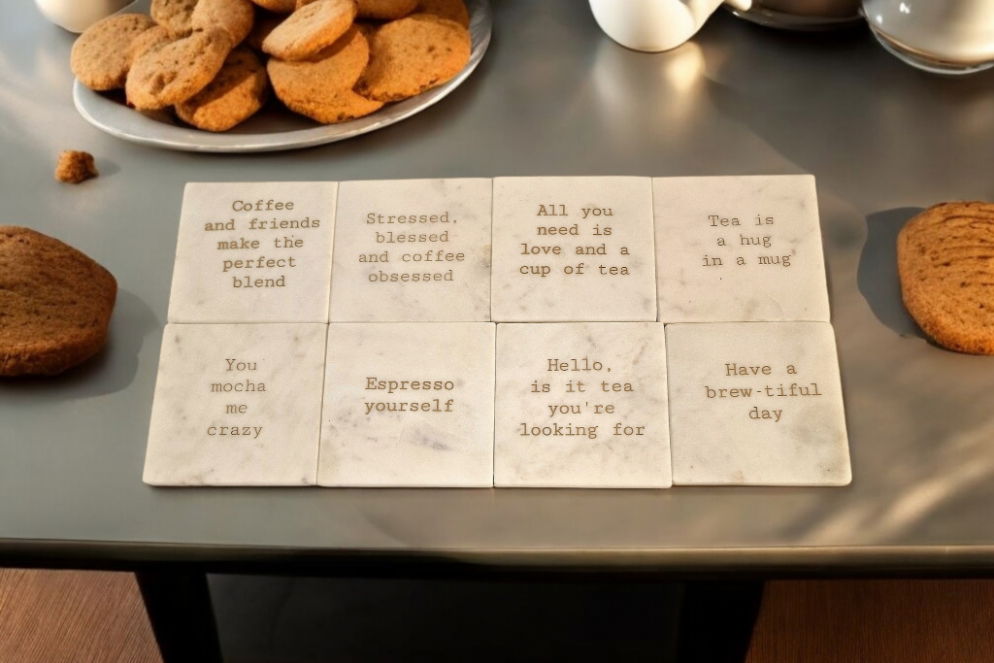 Tea & Coffee Marble Coasters Set of 8 - Humorous Slogans, Home Decor
