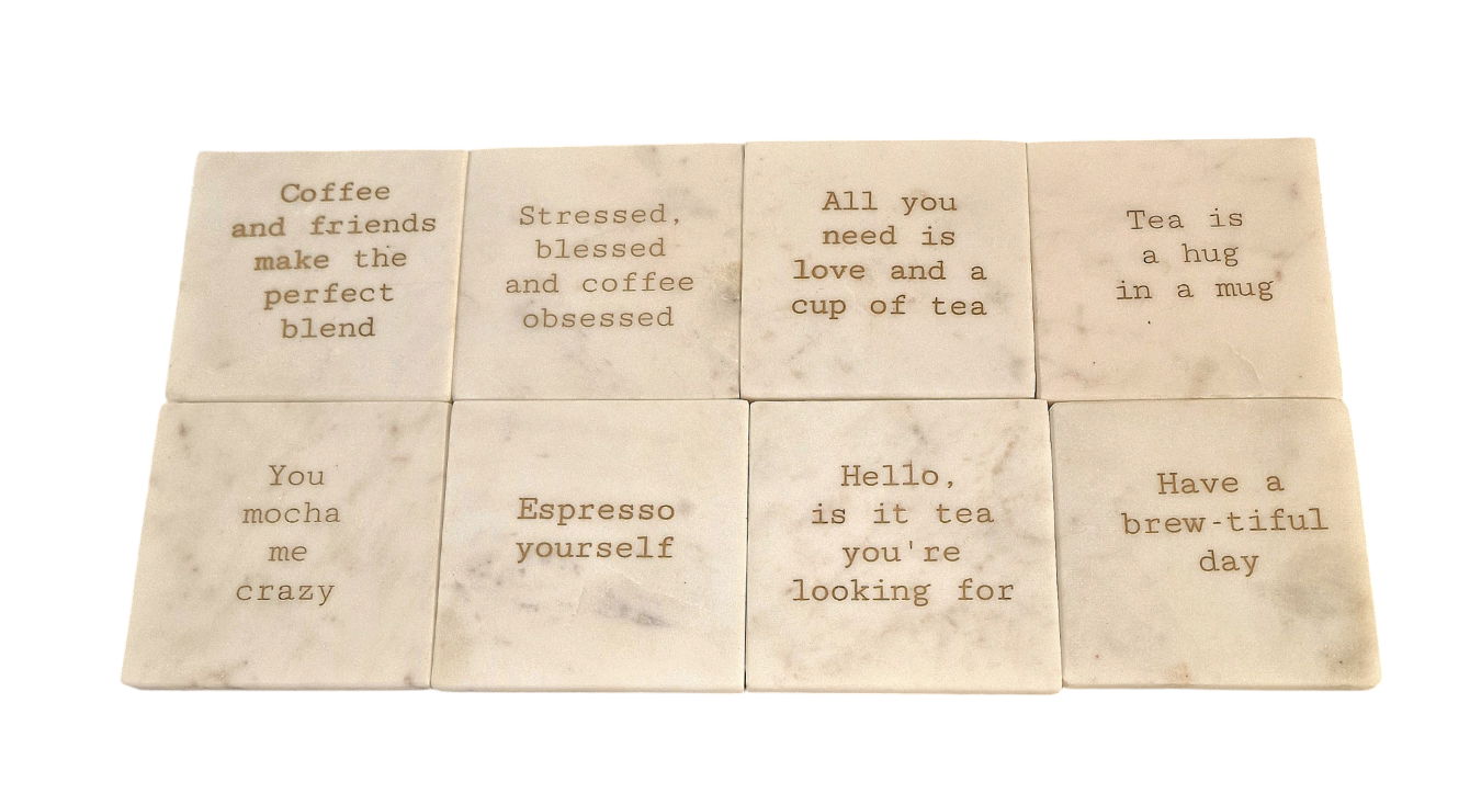 Tea & Coffee Marble Coasters Set of 8 - Humorous Slogans, Home Decor