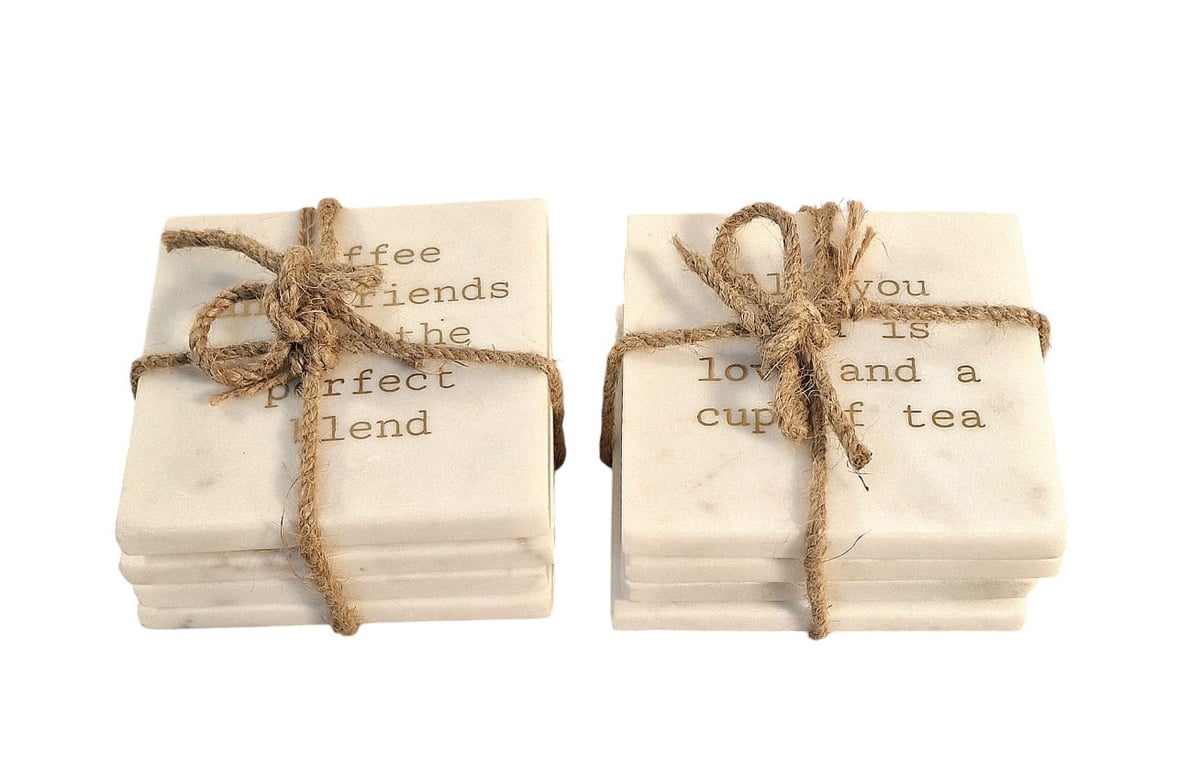 Tea & Coffee Marble Coasters Set of 8 - Humorous Slogans, Home Decor