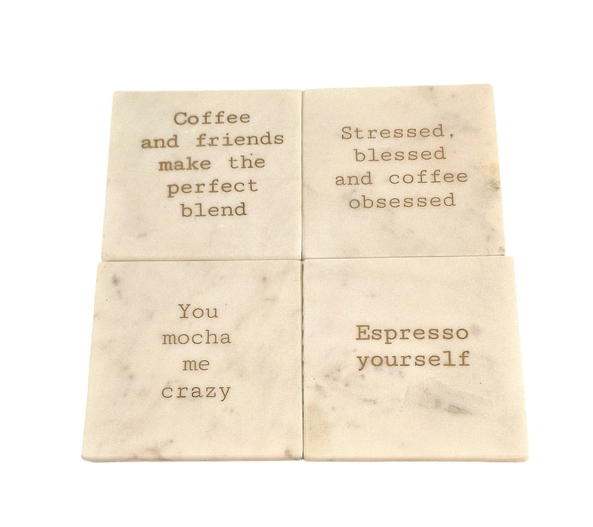 Tea & Coffee Marble Coasters Set of 8 - Humorous Slogans, Home Decor