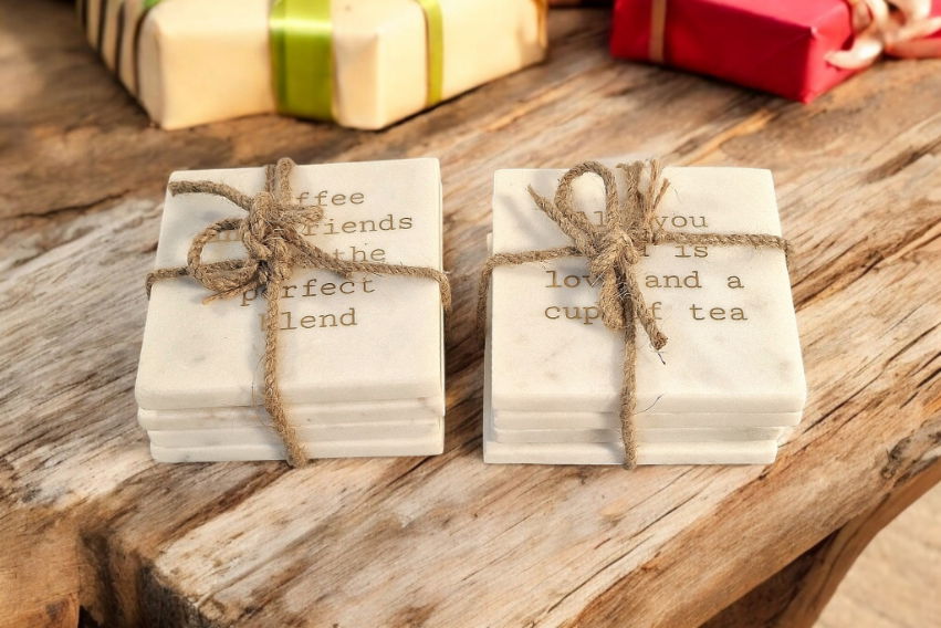 Tea & Coffee Marble Coasters Set of 8 - Humorous Slogans, Home Decor