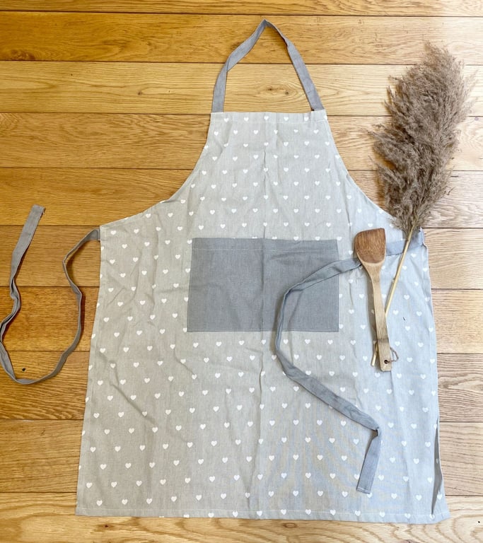 Grey Heart Print Cotton Pinafore Kitchen Apron