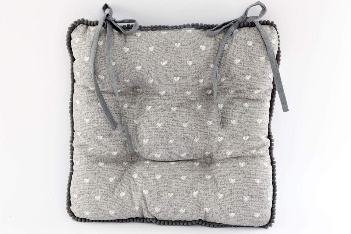 Grey Heart Print Fabric Seat Pad - Washable Kitchen Seating Cushion