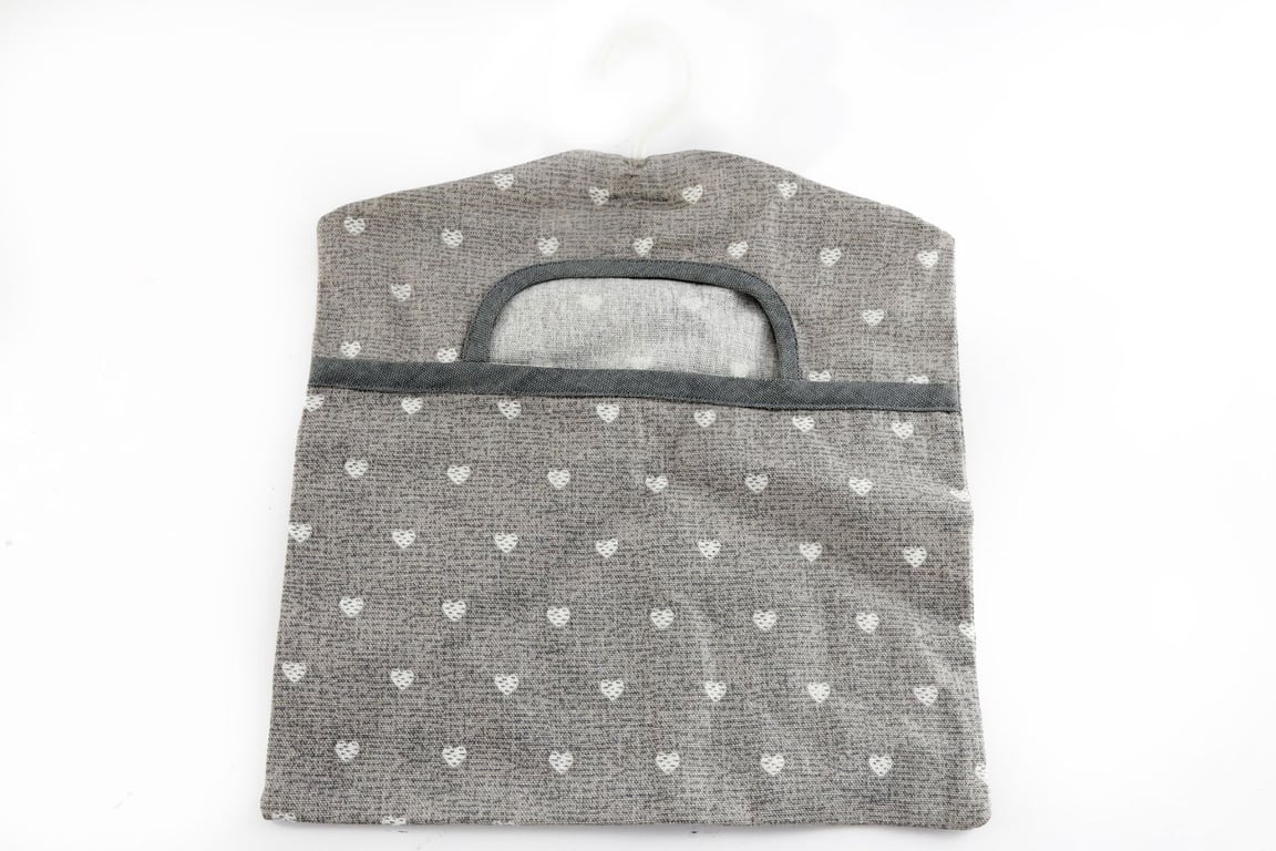 Cotton Peg Bag with Grey Heart Design - Country Kitchen Storage Solution
