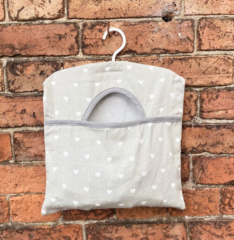 Cotton Peg Bag with Grey Heart Design - Country Kitchen Storage Solution