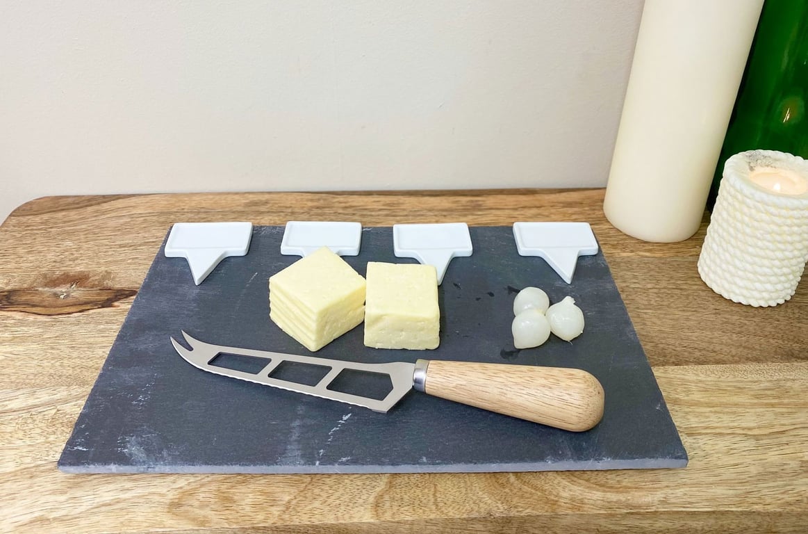 Slate Cheese Board Service Set & Knife 30cm - Elegant Slate Board with Serrated Cheese Knife and White Signs for Serving