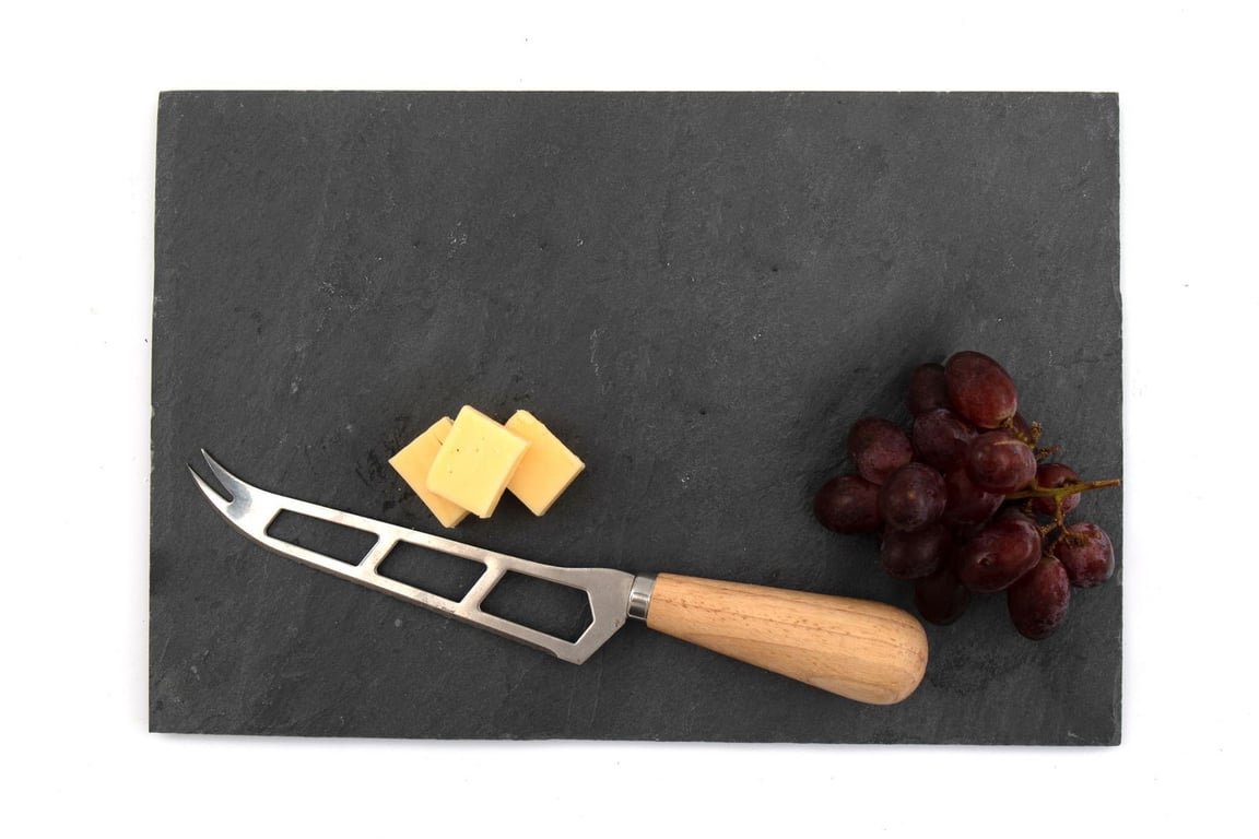 Slate Cheese Board Service Set & Knife 30cm - Elegant Slate Board with Serrated Cheese Knife and White Signs for Serving