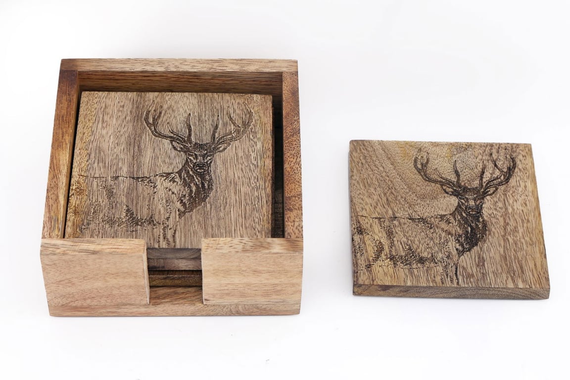 Natural Wood Engraved Stag Coaster Set - Wooden Holder Box Included