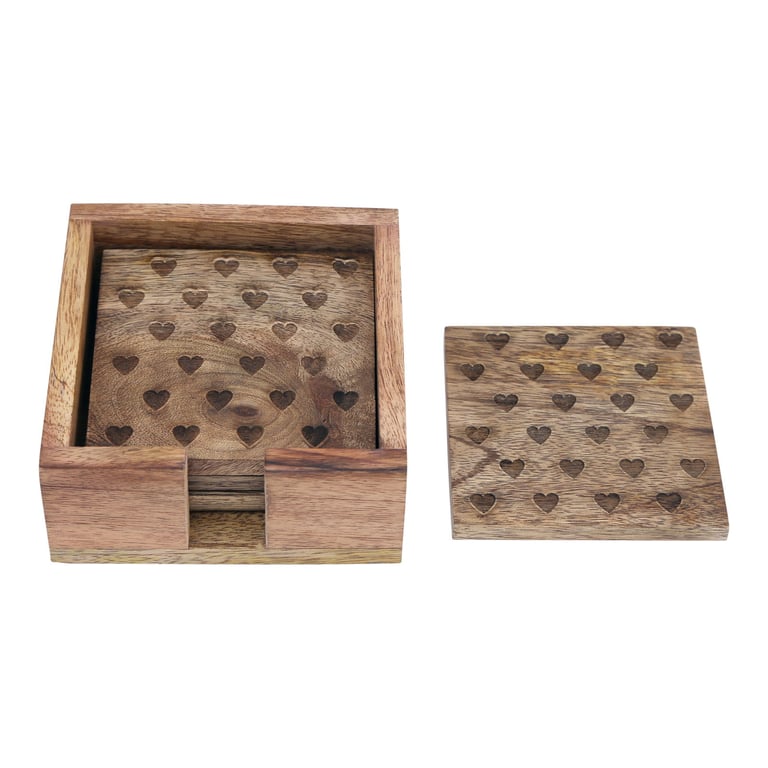 Set of 4 Engraved Wooden Heart Coasters with Cradle Storage