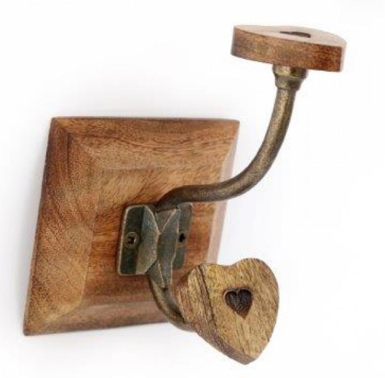 Mango Wood Heart Double Coat Hook - Rustic Wooden Home Decor with Tarnished Brass Hook