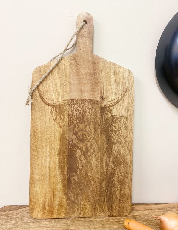 Wooden Chopping Board With Highland Cow Engraving - Rustic Country Kitchen Decor