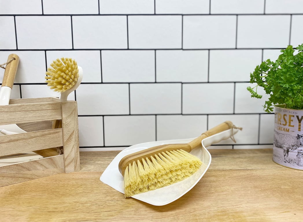 Cream Polypropylene Dustpan & Bamboo Wooden Brush - Efficient Home Cleaning Solution