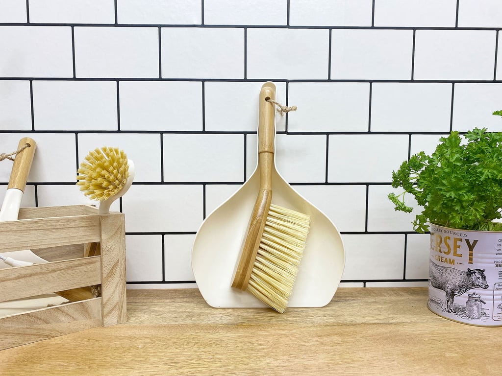 Cream Polypropylene Dustpan & Bamboo Wooden Brush - Efficient Home Cleaning Solution