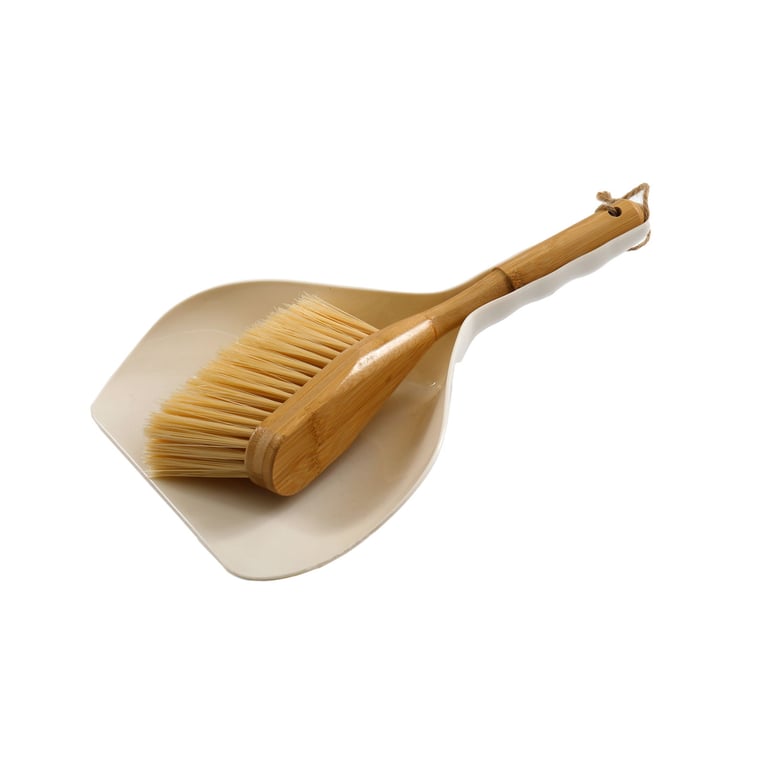 Cream Polypropylene Dustpan & Bamboo Wooden Brush - Efficient Home Cleaning Solution