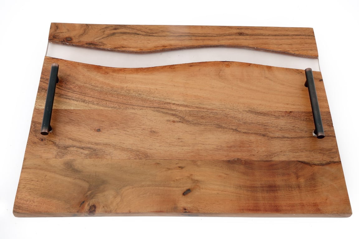 Acacia Wood Tray With Handles - Decorative and Food Safe Serving Tray with Wave Pattern and Metal Handles