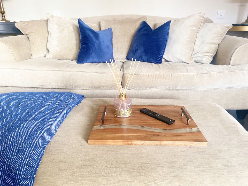 Acacia Wood Tray With Handles - Decorative and Food Safe Serving Tray with Wave Pattern and Metal Handles