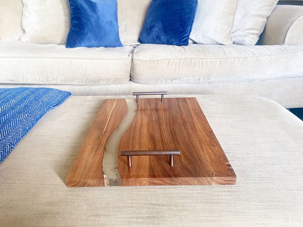 Acacia Wood Tray With Handles - Decorative and Food Safe Serving Tray with Wave Pattern and Metal Handles