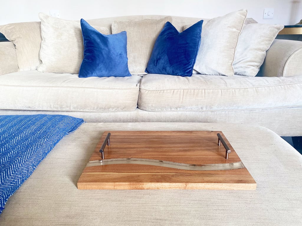 Acacia Wood Tray With Handles - Decorative and Food Safe Serving Tray with Wave Pattern and Metal Handles