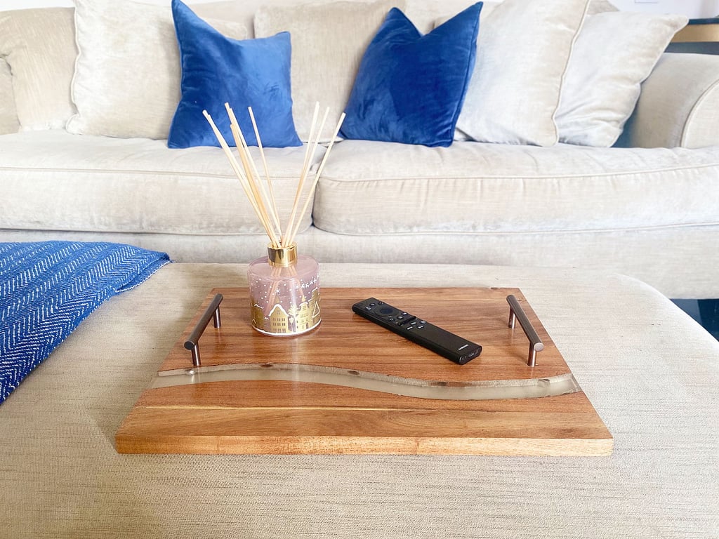 Acacia Wood Tray With Handles - Decorative and Food Safe Serving Tray with Wave Pattern and Metal Handles