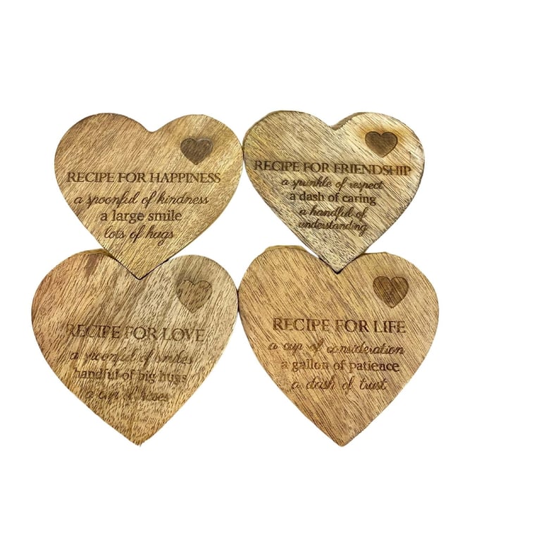 Set of 4 Natural Wood Heart Shaped Coasters - Rustic Home Decor Set with Scratch Protection