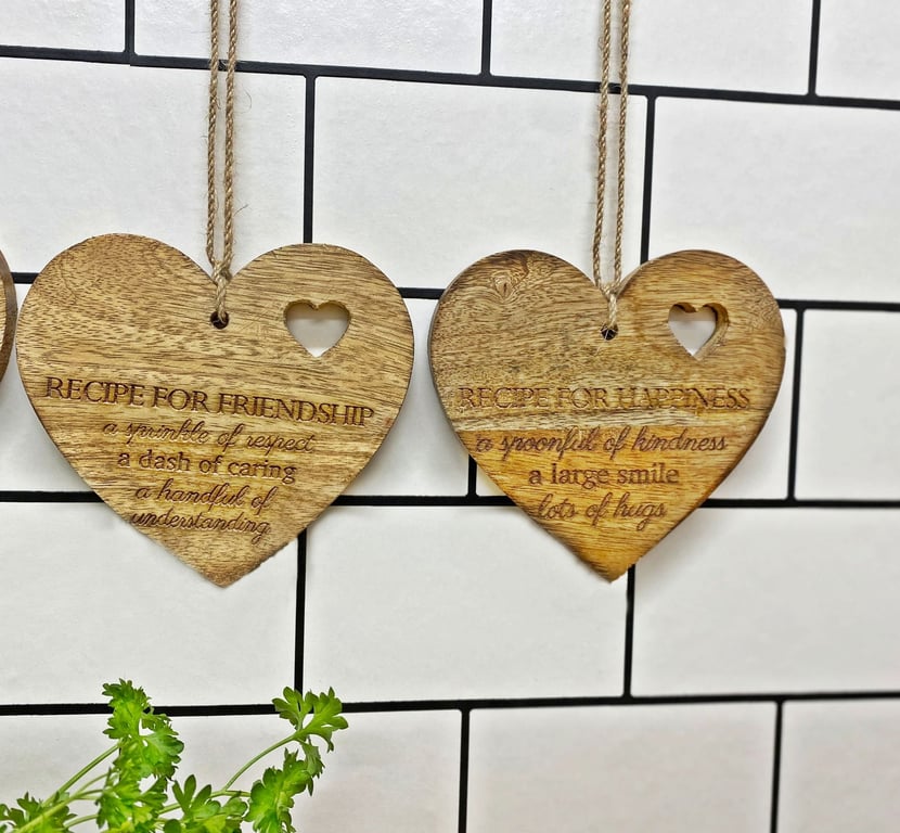Wooden Recipe Plaques Set - Etched Heart Decorations for Home and Kitchen
