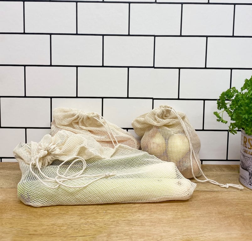 Reusable Cotton Produce Bags - Pack of 3 Eco-Friendly Fruit & Veggie Storage Bags