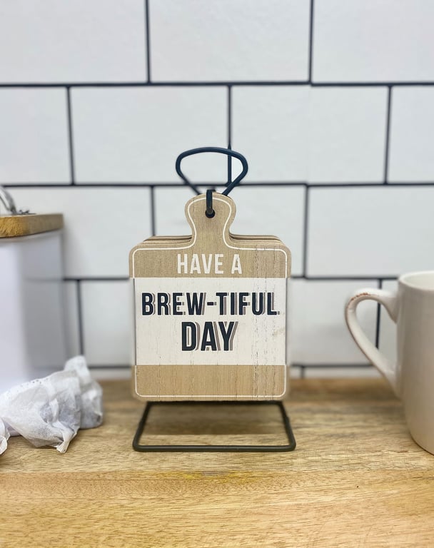 Wood Effect Tea Slogan Coasters with Metal Stand - Set of 6 Hanging Coasters