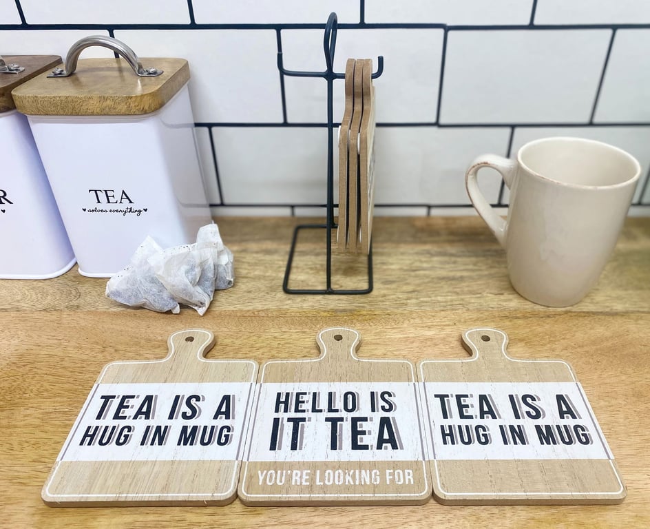 Wood Effect Tea Slogan Coasters with Metal Stand - Set of 6 Hanging Coasters