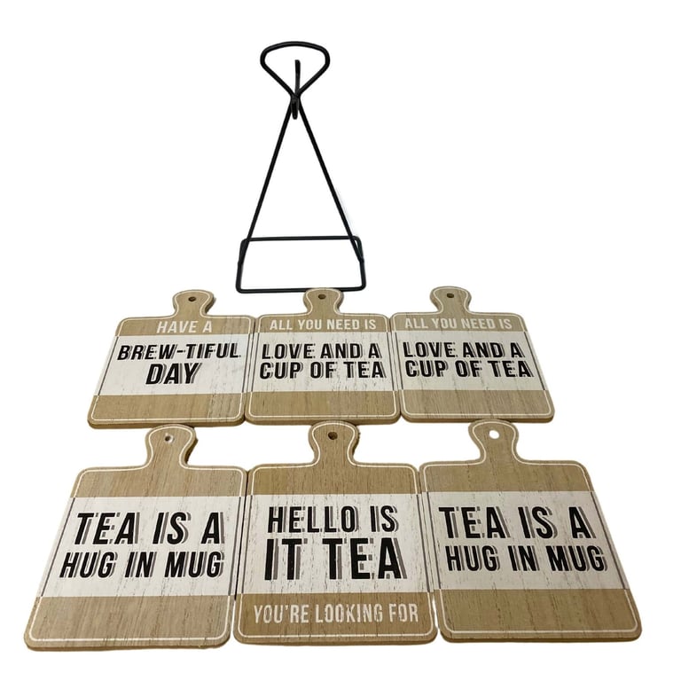 Wood Effect Tea Slogan Coasters with Metal Stand - Set of 6 Hanging Coasters