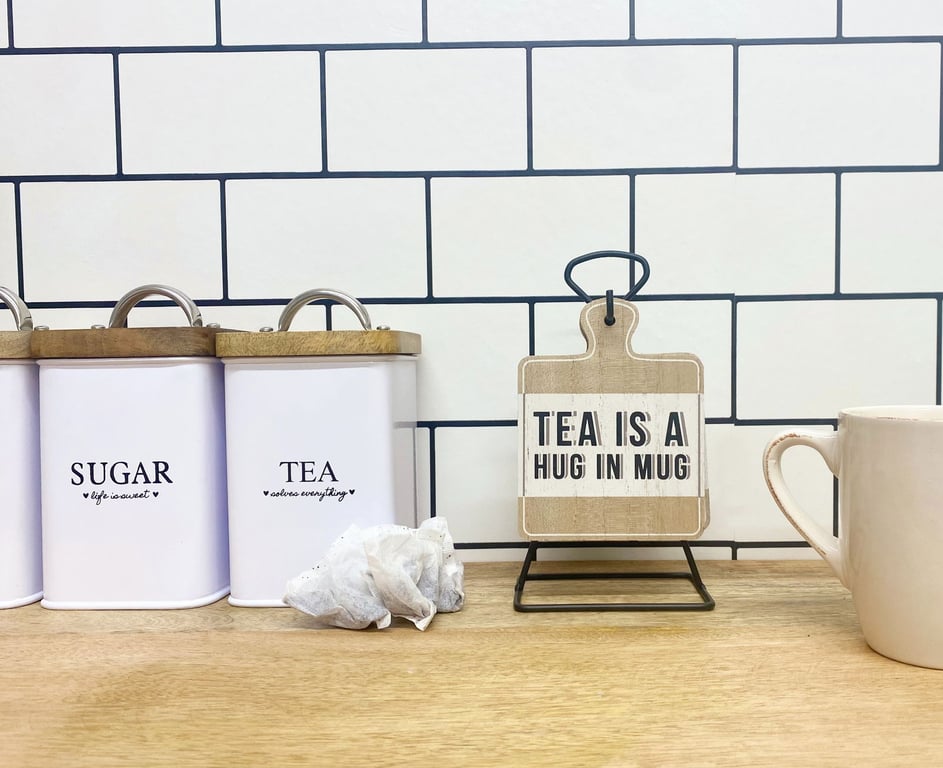 Wood Effect Tea Slogan Coasters with Metal Stand - Set of 6 Hanging Coasters
