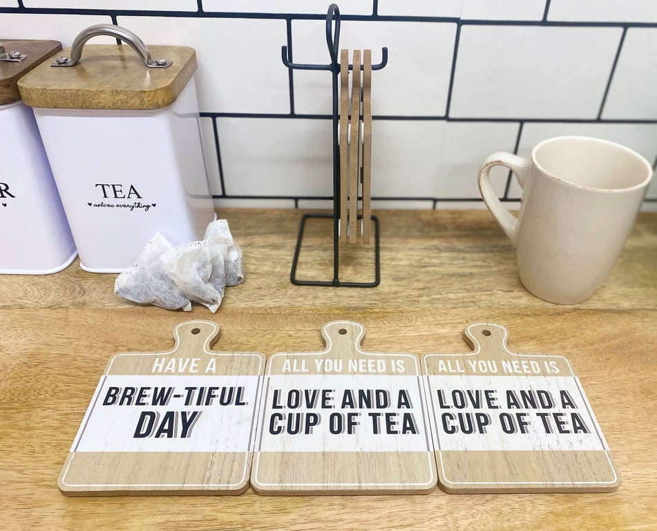 Wood Effect Tea Slogan Coasters with Metal Stand - Set of 6 Hanging Coasters