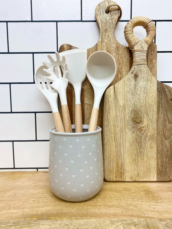 Grey Hearts Design Ceramic Utensil Holder - Home Decor Kitchen Accessory