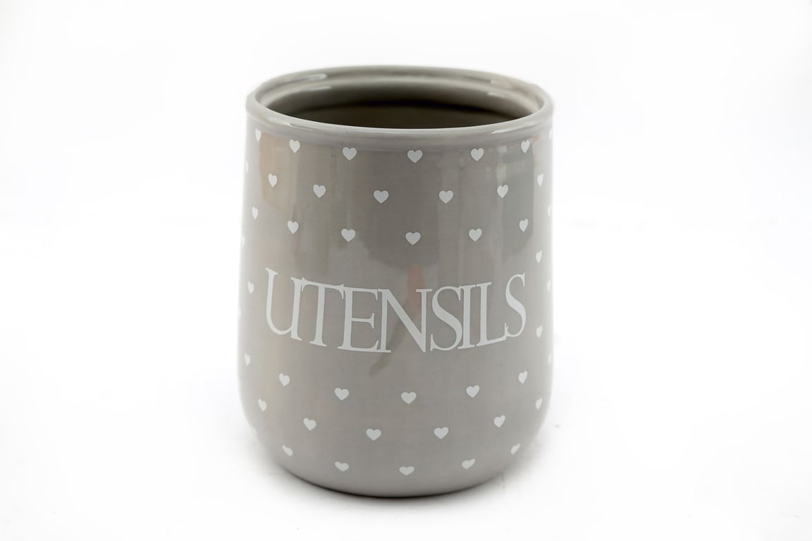 Grey Hearts Design Ceramic Utensil Holder - Home Decor Kitchen Accessory